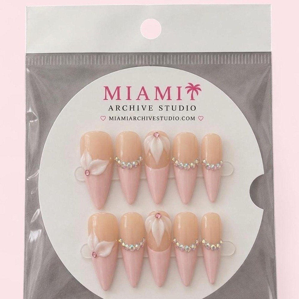 Handmade Luxury Pink French Tip Press-On Nails – 3D Floral